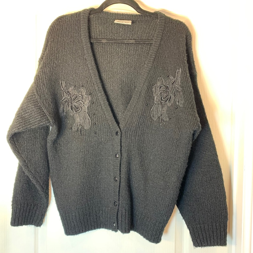 Knit-Set Vintage Embellished‎ Cardigan – Black Beaded Timeless (M) 80s 90s
